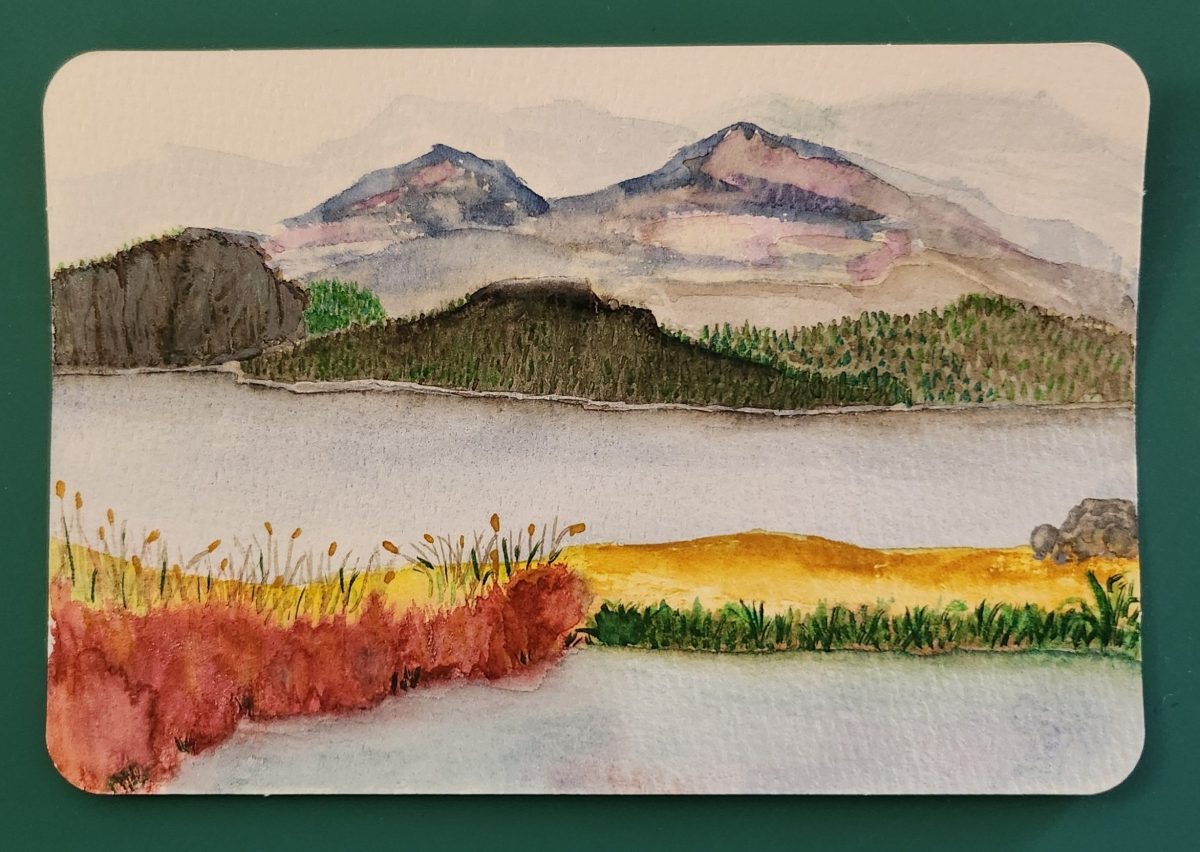 Watercolor postcard showing a serene lake scene with mountains in the background and tall grasses in the foreground
