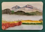 Watercolor postcard showing a serene lake scene with mountains in the background and tall grasses in the foreground
