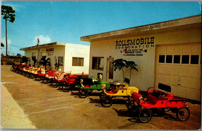 Vintage dealer trade postcard, antique automobile at Pikes Peak Ghost Town Colorado Springs, featuring 1903 Cadillac, 1908 Maxwell and 1904 Zimmerman