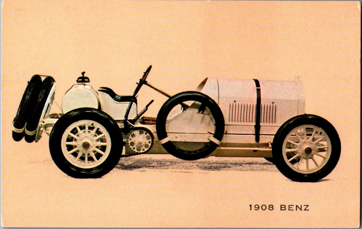 Vintage dealer trade postcard front, antique automobile at Museum of Automobiles Petit Jean Mountain Morrilton Arkansas, service reminder card