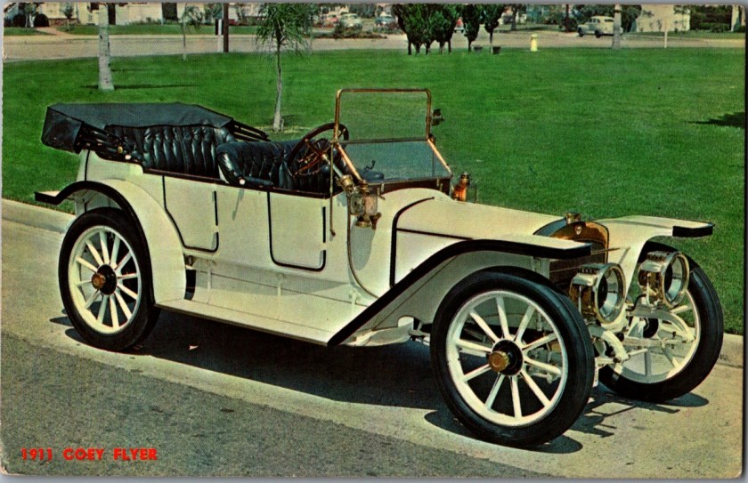 Vintage dealer trade postcard front, 1911 Coey Flyer antique automobile, natural color postcard by Dexter Press