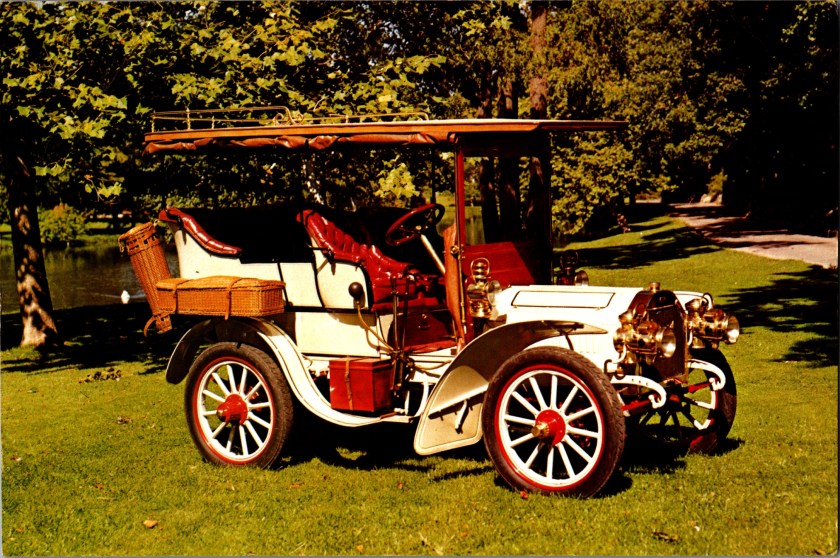 Vintage advertising postcard front, 1904 Peerless King of the Belgians Rear Entrance Tonneau with Canopy Top, from the collection of Burton H. Upjohn