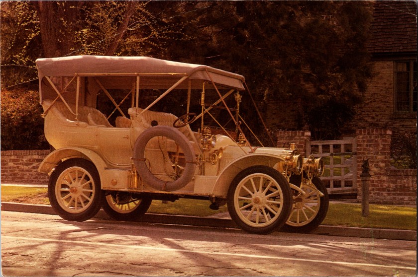 Vintage advertising postcard front, 1907 Thomas Touring 4-cylinder 60 H.P. automobile, Harrah's Automobile Collection, Reno, Nevada