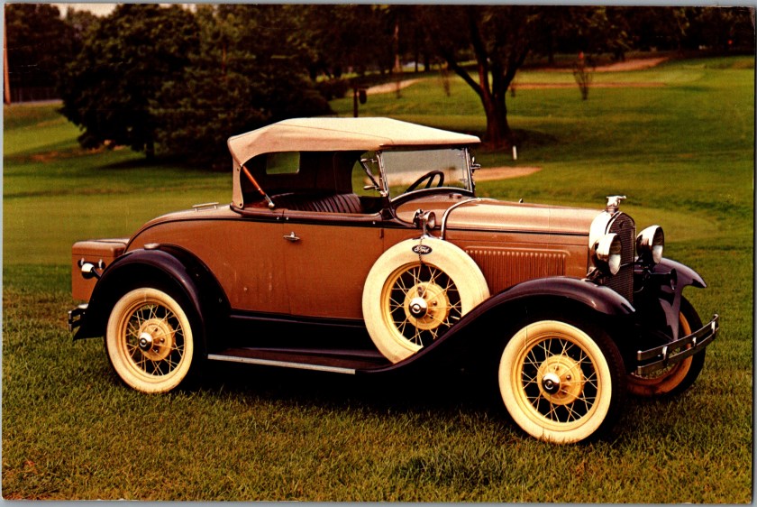 Vintage advertising postcard front, 1931 Ford Model A Deluxe Roadster, third view, Shatterproof Glass Corporation advertising postcard