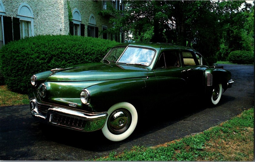 Vintage museum postcard front, 1948 Tucker 6-cylinder automobile, Auburn Cord Duesenberg Museum, photography by Nicky Wright