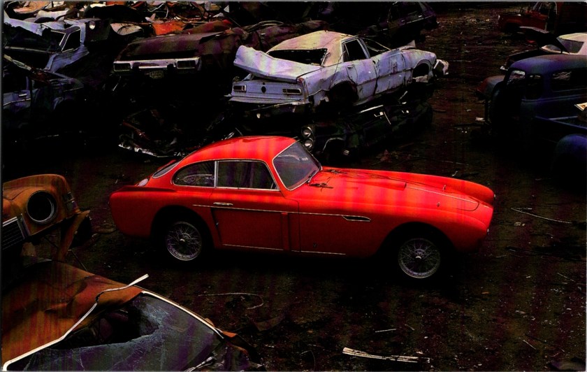 Vintage museum postcard front, 1952 Ferrari Berlinetta 340 Mexico 12-cylinder automobile, Auburn Cord Duesenberg Museum, photography by Nicky Wright