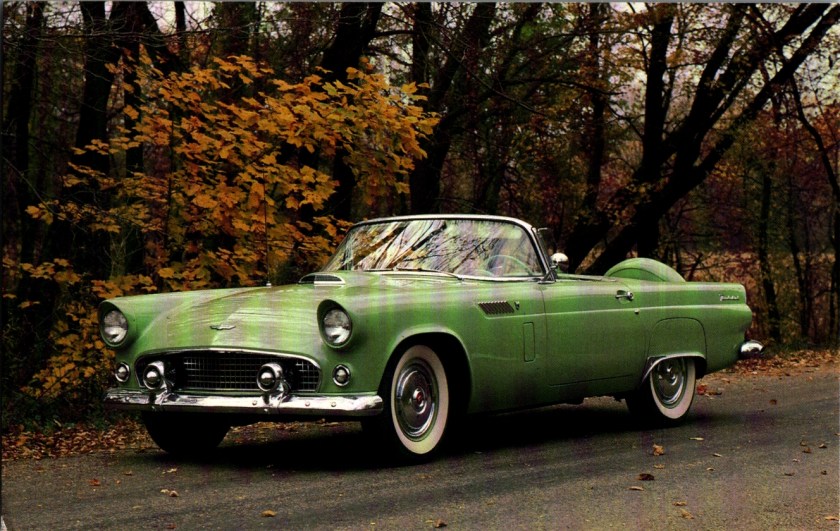 Vintage museum postcard front, 1956 Ford Thunderbird Model 40A 8-cylinder automobile, Auburn Cord Duesenberg Museum, photography by Nicky Wright