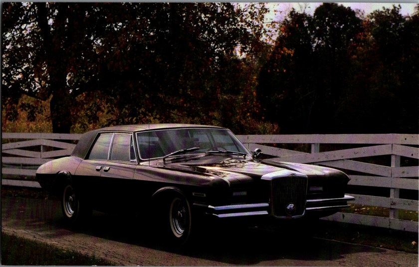 Vintage museum postcard front, 1966 Duesenberg Sedan Model D prototype 8-cylinder body by Ghia, Auburn Cord Duesenberg Museum, photography by Nicky Wright