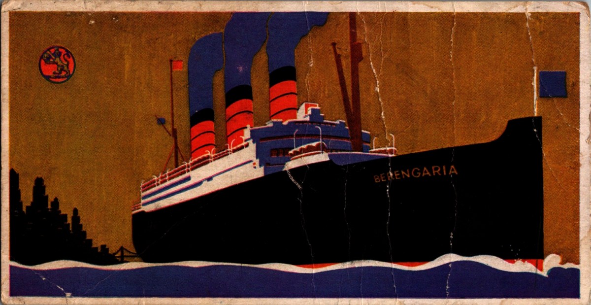 Art Deco illustration of RMS Berengaria, Cunard Line promotional postcard, circa 1921–1938. Bold flat color image: black hull, four red-banded funnels, amber sky, New York skyline at lower left, Cunard lion medallion upper left.